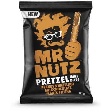 MR NUTZ PRETZEL MINI BITES PEANUT&HAZELNUT MILKCHOCOLATE FLAKES FILLING 120