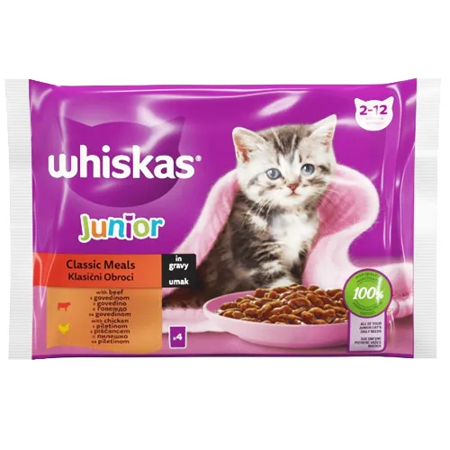 WHISKAS JUNIOR ΥΓΡΗ ΤΡΟΦΗ ΓΑΤΑΣ 4X85GR ΦΑΚΕΛΟΣ DELIGHT ΒΟΔΙΝΟ & ΚΟΤΟΠΟΥΛΟ