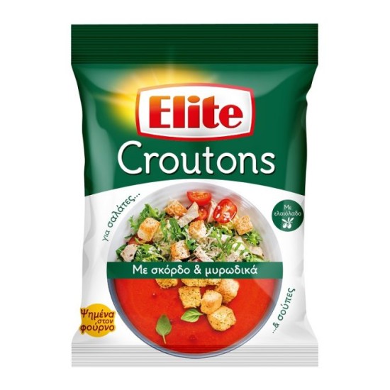 ELITE CROUTONS 75GR ΜΕ ΣΚΟΡΔΟ ΚΑΙ ΜΥΡΩΔΙΚΑ